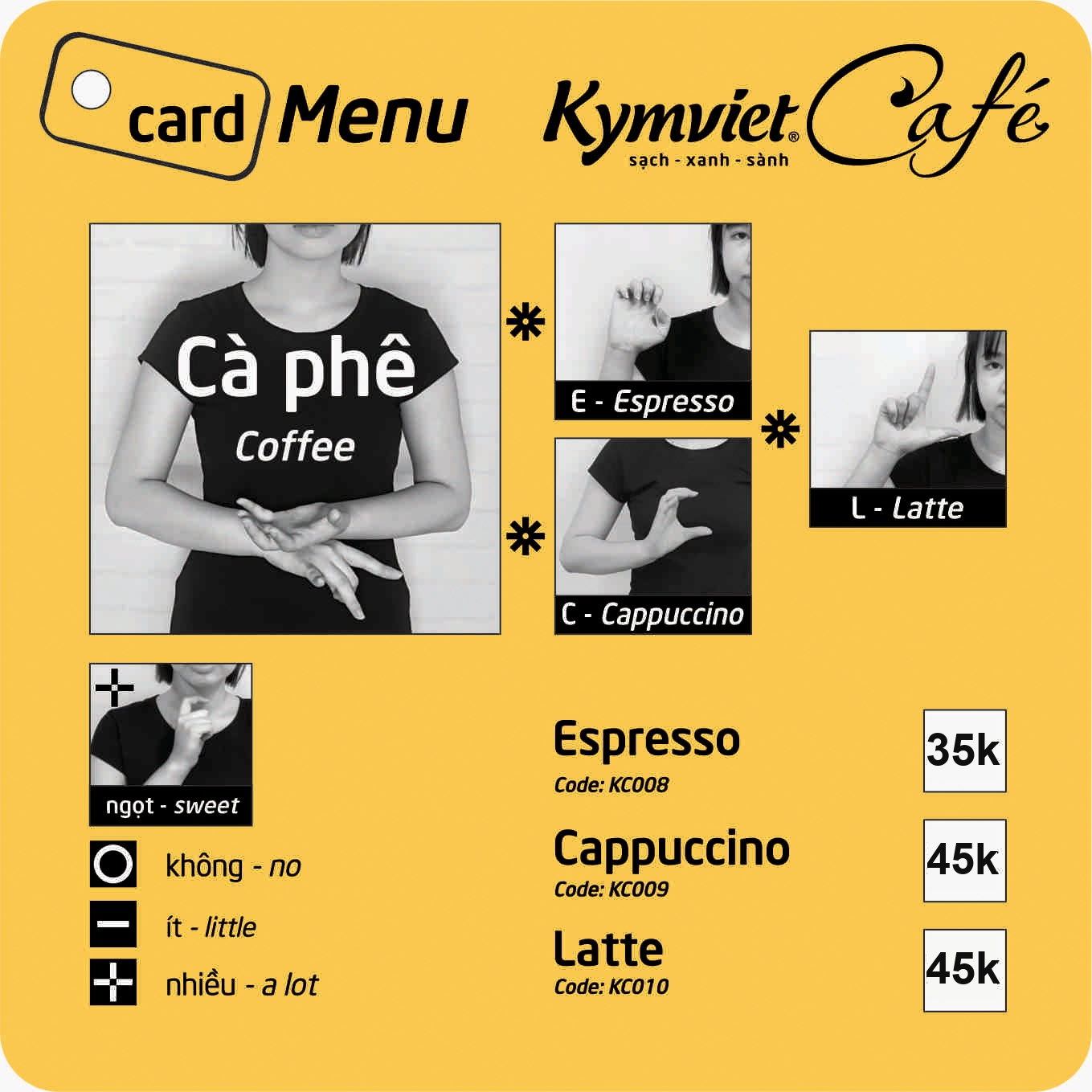 Espresso 35k · Cappuccino · Latte 45k